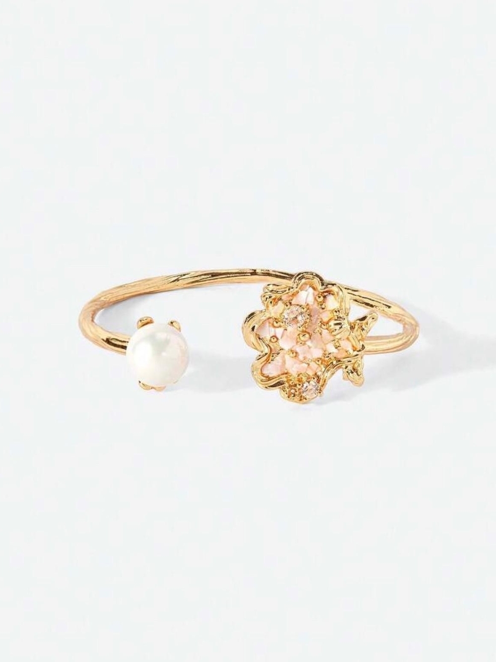 Gold Open Cuff Bracelet with White Pearl & Floral Accent - Picture 3 of 6